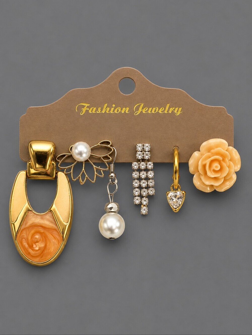 Vintage Six Single Peach Rose Enamel Pearlesque Rhinestone Earrings